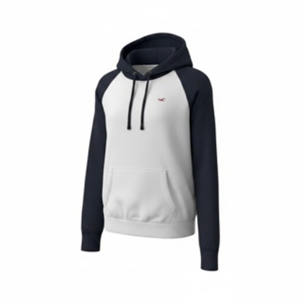 Hollister Mens Raglan Hoodie Navy White Fleece Pullover Sweatshirt Size M